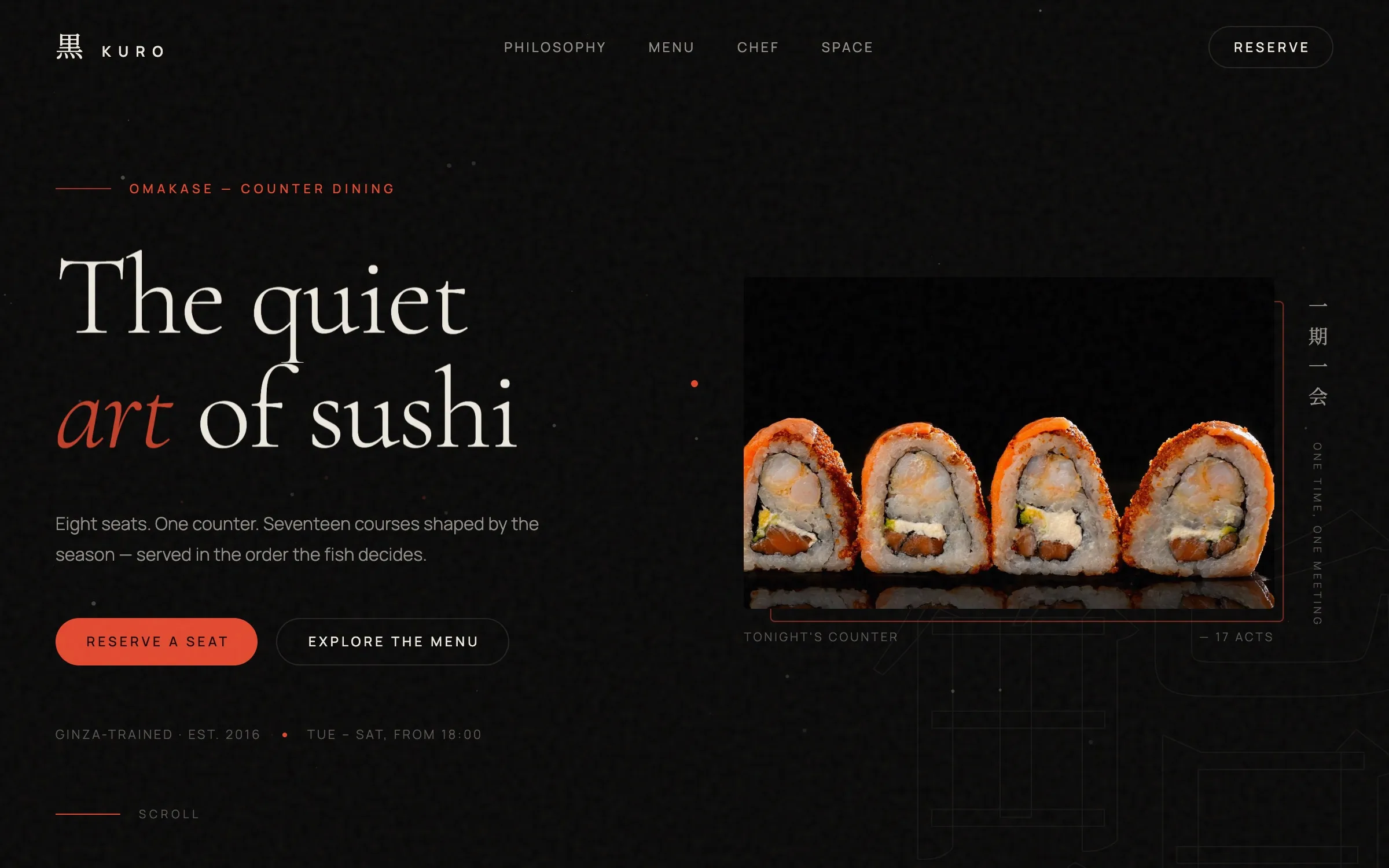 Startseite des Beispielprojekts KURO: helle Serifen-Überschrift „The quiet art of sushi“ auf dunklem Hintergrund neben einer Nahaufnahme von Sushi-Rollen